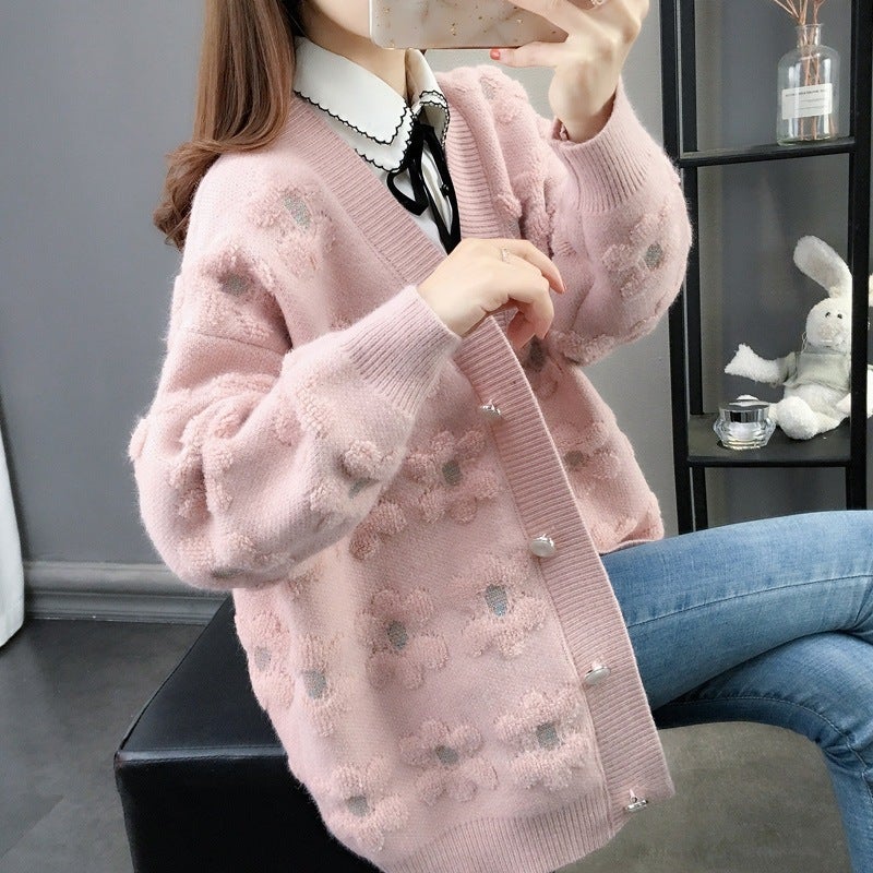Knitted Cardigan Women'S Contrast Loose Outer Wear New Style Towel Embroidered Hook Sweater Women'S Coat - Image 1